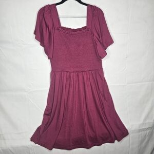 XL ZESICA Chic Berry Midi Smocked Flowy Tunic Dress Short Flutter Sleeved